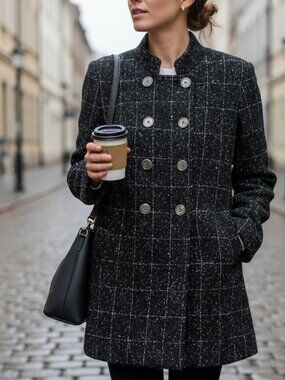 🖤 Double-Breasted Tweed Peacoat – Size XL – Black Speckled Statement Coat 🖤